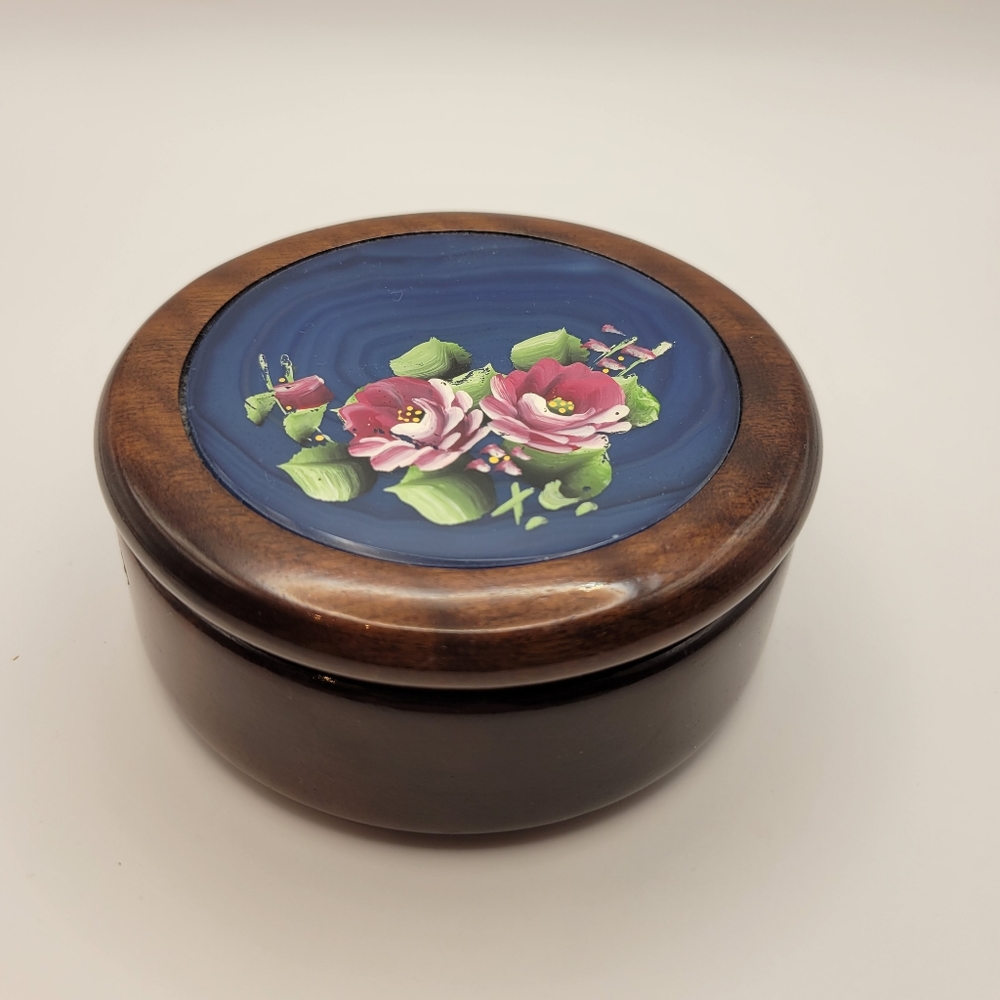 Vintage Woodstone Lined trikent Box with Handpainted Flowers/ Natural Agate Lid